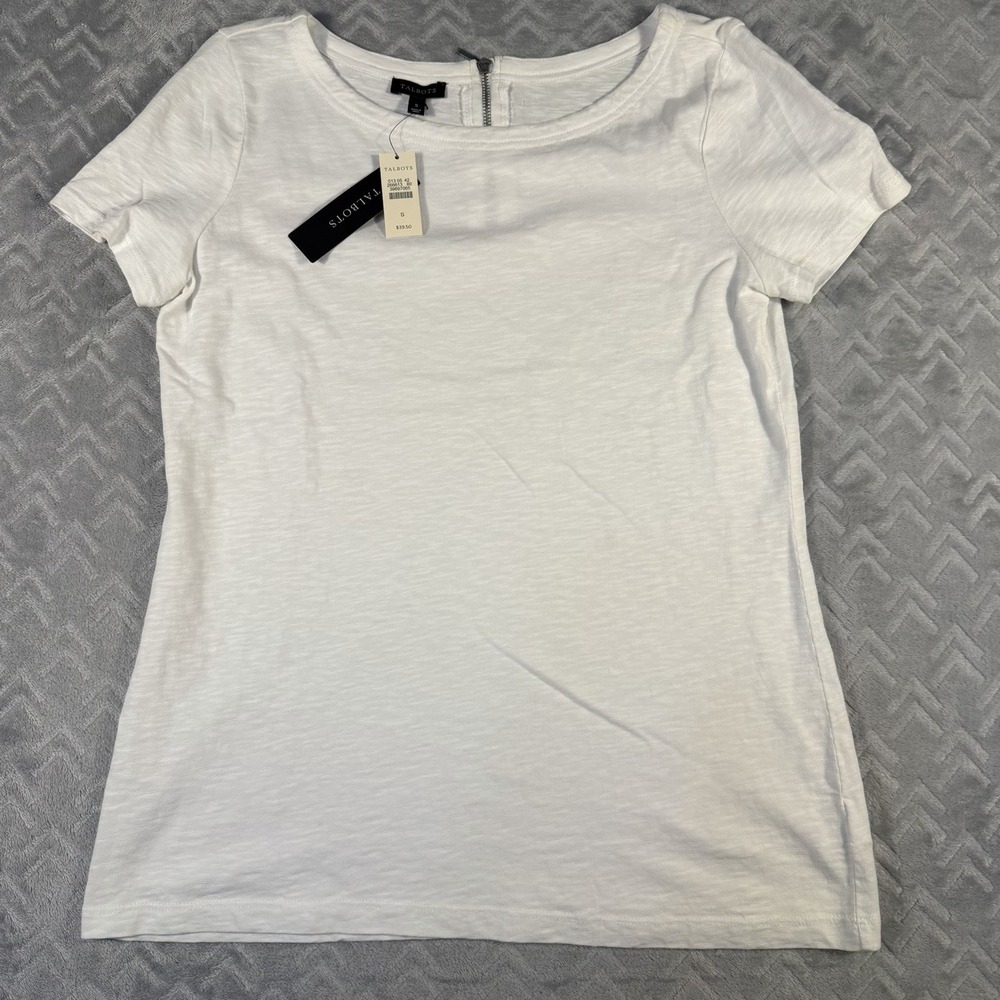 Talbots Women's Short Sleeve Top Zipper Back White Tee Size Small New With Tags